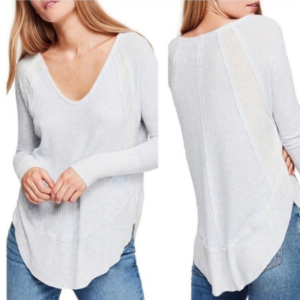 FREE PEOPLE Catalina Thermal We The Free Blue Long Sleeve Top Light Blue V Neck
